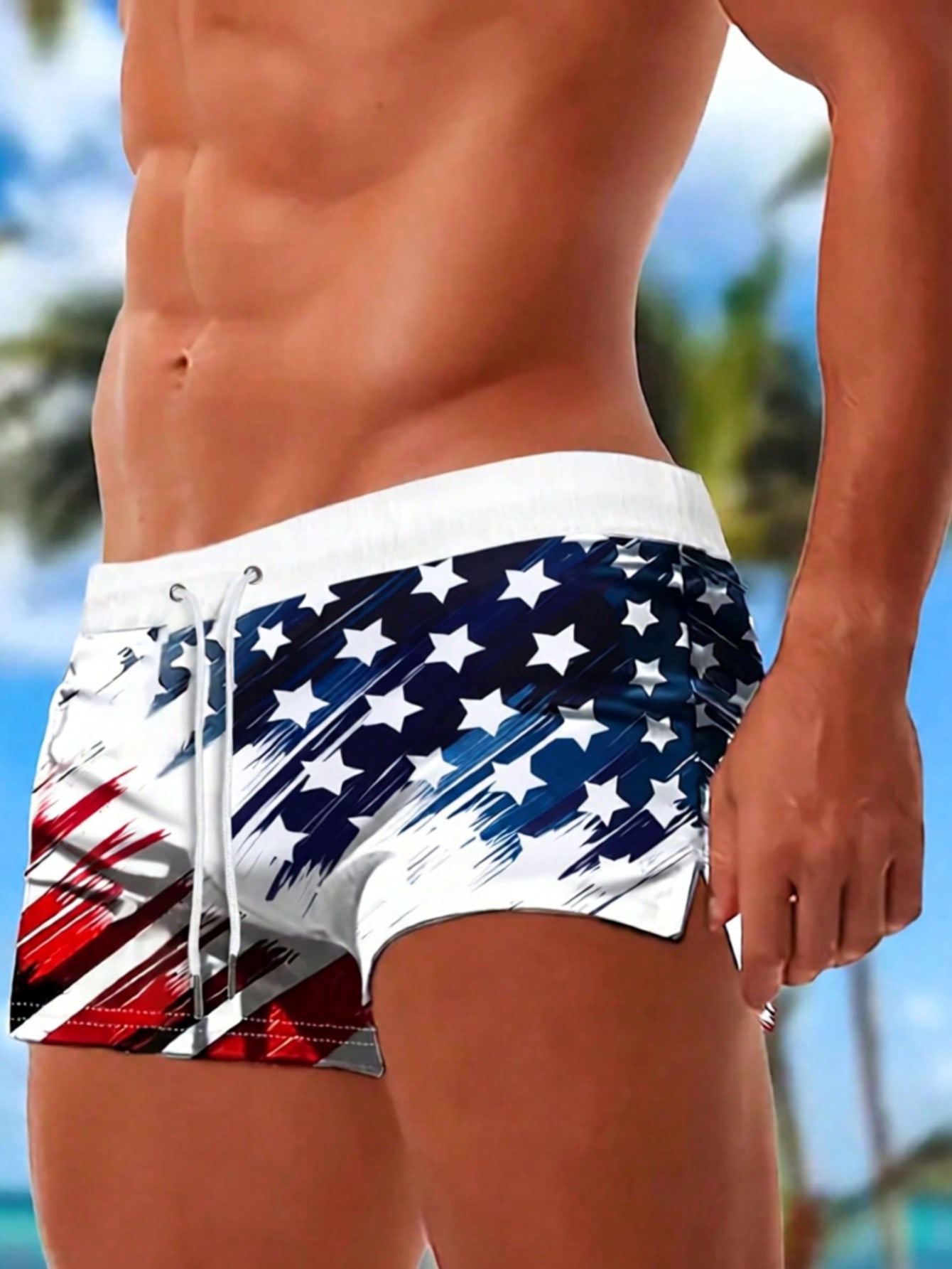 Bamboo Fiber Trunk - Men's Casual Flag Printed Drawstring Swimming